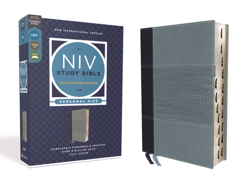 NIV Study Bible, Fully Revised Edition (Study Deeply. Believe Wholeheartedly.), Personal Size, Leathersoft, Navy/Blue, Red Letter, Thumb Indexed, Comfort Print (NIV Study Bible, Fully Revised Edition) book cover by Zondervan