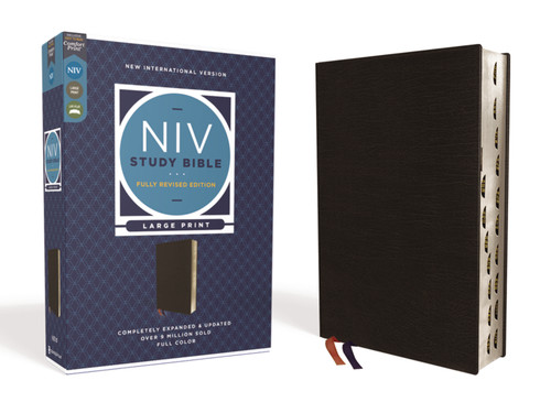 NIV Study Bible, Fully Revised Edition (Study Deeply. Believe Wholeheartedly.), Large Print, Bonded Leather, Black, Red Letter, Thumb Indexed, Comfort Print (NIV Study Bible, Fully Revised Edition) book cover by Zondervan