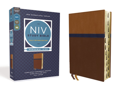 NIV Study Bible, Fully Revised Edition (Study Deeply. Believe Wholeheartedly.), Personal Size, Leathersoft, Brown/Blue, Red Letter, Thumb Indexed, Comfort Print (NIV Study Bible, Fully Revised Edition) book cover by Zondervan