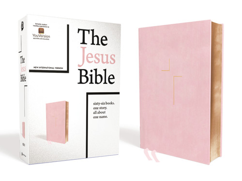 The Jesus Bible, NIV Edition, Leathersoft over Board, Pink, Comfort Print: Sixty-Six Books. One Story. All About One Name. book cover by Zondervan