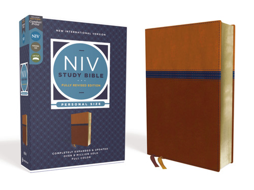 NIV Study Bible, Fully Revised Edition (Study Deeply. Believe Wholeheartedly.), Personal Size, Leathersoft, Brown/Blue, Red Letter, Comfort Print (NIV Study Bible, Fully Revised Edition) book cover by Zondervan