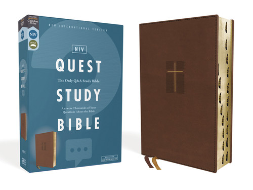 NIV, Quest Study Bible, Leathersoft, Brown, Thumb Indexed, Comfort Print: The Only Q and A Study Bible book cover by Zondervan