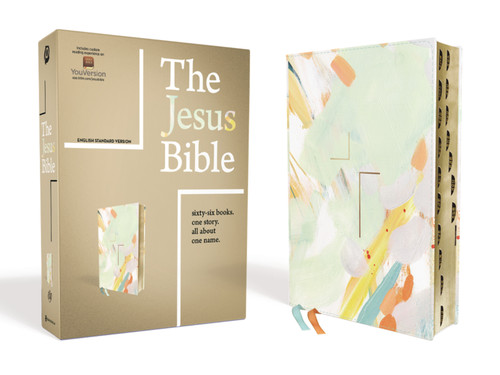 The Jesus Bible Artist Edition, ESV, (With Thumb Tabs to Help Locate the Books of the Bible), Leathersoft, Multi-color/Teal, Thumb Indexed book cover by Zondervan