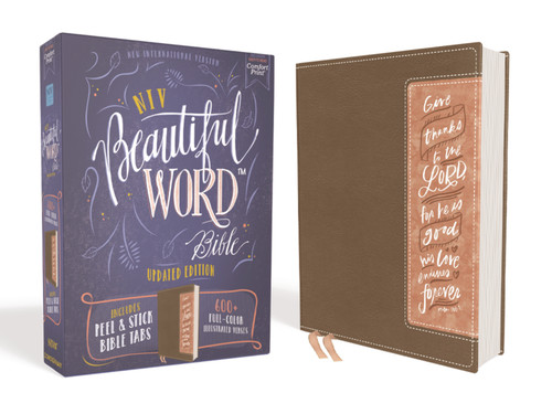 NIV, Beautiful Word Bible, Updated Edition, Peel/Stick Bible Tabs, Leathersoft, Brown/Pink, Red Letter, Comfort Print: 600+ Full-Color Illustrated Verses (Beautiful Word) book cover by Zondervan