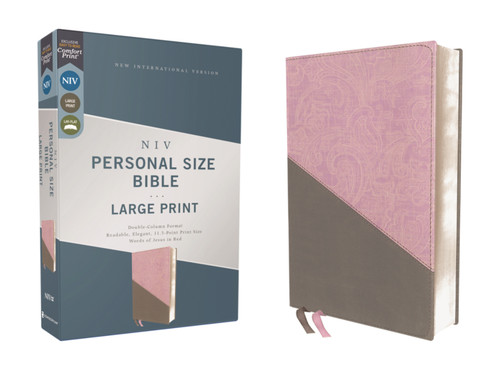 NIV, Personal Size Bible, Large Print, Leathersoft, Pink/Gray, Red Letter, Comfort Print book cover by Zondervan