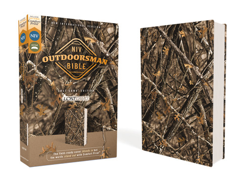NIV, Outdoorsman Bible, Lost Camo Edition, Leathersoft, Red Letter, Comfort Print: The Field-Ready Cover Blends In but the Words Stand Out with Comfort Print book cover by Zondervan