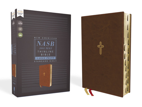 NASB, Thinline Bible, Large Print, Leathersoft, Brown, Red Letter, 1995 Text, Thumb Indexed, Comfort Print book cover by Zondervan