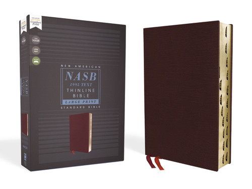 NASB, Thinline Bible, Large Print, Bonded Leather, Burgundy, Red Letter, 1995 Text, Thumb Indexed, Comfort Print book cover by Zondervan