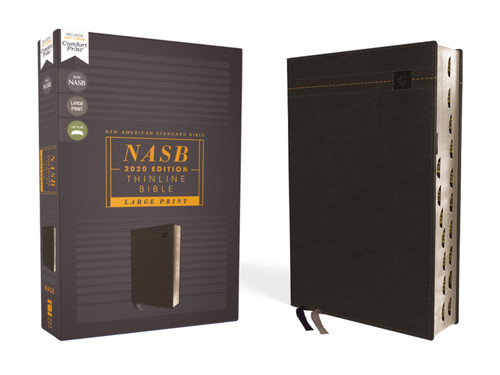 NASB, Thinline Bible, Large Print, Leathersoft, Black, Red Letter, 2020 Text, Thumb Indexed, Comfort Print book cover by Zondervan