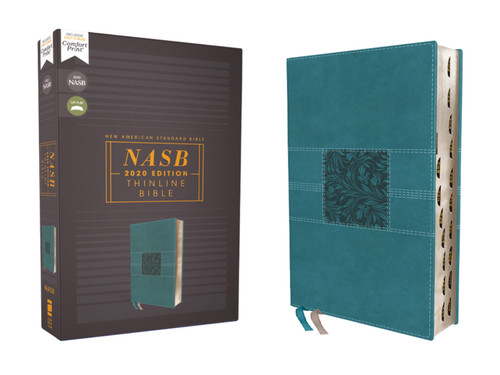 NASB, Thinline Bible, Leathersoft, Teal, Red Letter, 2020 Text, Thumb Indexed, Comfort Print book cover by Zondervan