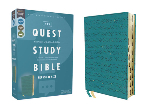 NIV, Quest Study Bible, Personal Size, Leathersoft, Teal, Thumb Indexed, Comfort Print: The Only Q and A Study Bible book cover by Zondervan