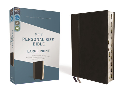 NIV, Personal Size Bible, Large Print, Leathersoft, Black, Red Letter, Thumb Indexed, Comfort Print book cover by Zondervan
