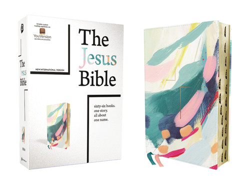 The Jesus Bible Artist Edition, NIV, (With Thumb Tabs to Help Locate the Books of the Bible), Leathersoft, Multi-color/Teal, Thumb Indexed, Comfort Print book cover by Zondervan