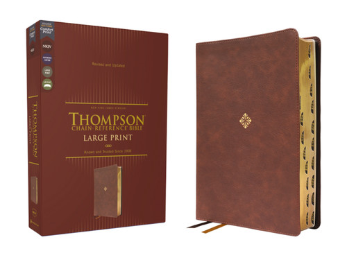 NKJV, Thompson Chain-Reference Bible, Large Print, Leathersoft, Brown, Red Letter, Thumb Indexed, Comfort Print book cover by Zondervan