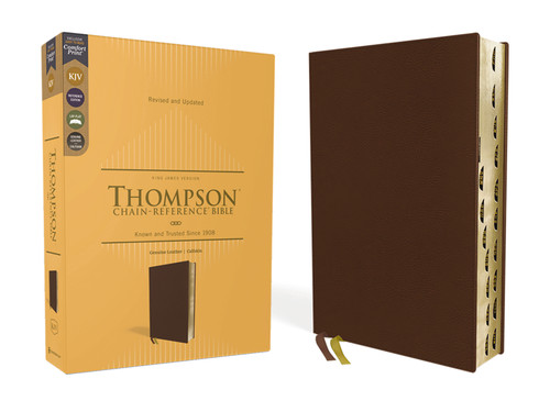 KJV, Thompson Chain-Reference Bible, Genuine Leather, Calfskin, Brown, Red Letter, Thumb Indexed, Comfort Print book cover by Zondervan