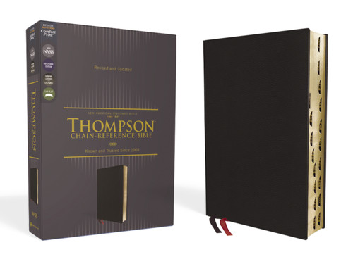 NASB, Thompson Chain-Reference Bible, Genuine Leather, Calfskin, Black, 1995 Text, Red Letter, Thumb Indexed, Comfort Print book cover by Zondervan