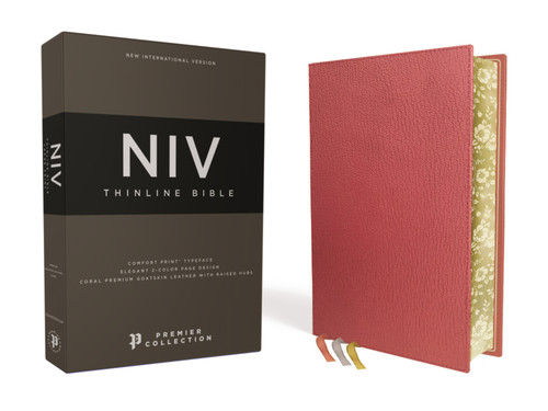 NIV, Thinline Bible, Premium Goatskin Leather, Coral, Premier Collection, Black Letter, Gauffered Edges, Comfort Print book cover by Zondervan
