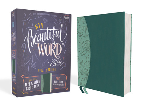 NIV, Beautiful Word Bible, Updated Edition, Peel/Stick Bible Tabs, Leathersoft, Teal, Red Letter, Comfort Print: 600+ Full-Color Illustrated Verses (Beautiful Word) book cover by Zondervan