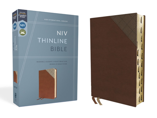 NIV, Thinline Bible, Leathersoft, Brown, Red Letter, Thumb Indexed, Comfort Print book cover by Zondervan