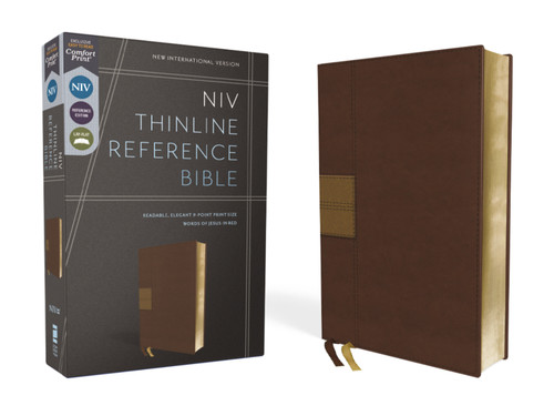 NIV, Thinline Reference Bible (Deep Study at a Portable Size), Leathersoft, Brown, Red Letter, Comfort Print book cover by Zondervan