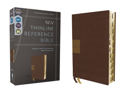 NIV, Thinline Reference Bible (Deep Study at a Portable Size), Leathersoft, Brown, Red Letter, Thumb Indexed, Comfort Print book cover by Zondervan