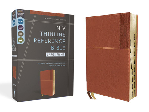 NIV, Thinline Reference Bible (Deep Study at a Portable Size), Large Print, Leathersoft, Brown, Red Letter, Thumb Indexed, Comfort Print book cover by Zondervan