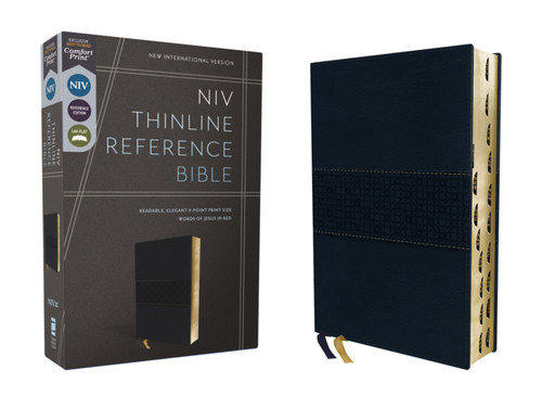 NIV, Thinline Reference Bible (Deep Study at a Portable Size), Leathersoft, Navy, Red Letter, Thumb Indexed, Comfort Print book cover by Zondervan
