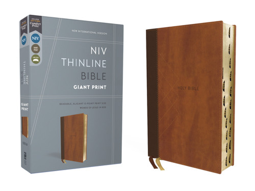 NIV, Thinline Bible, Giant Print, Leathersoft, Brown, Red Letter, Thumb Indexed, Comfort Print book cover by Zondervan