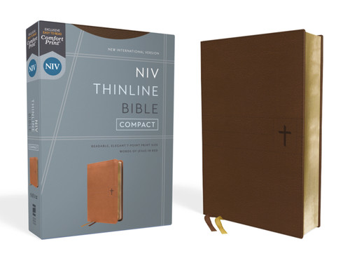 NIV, Thinline Bible, Compact, Leathersoft, Brown, Red Letter, Comfort Print book cover by Zondervan
