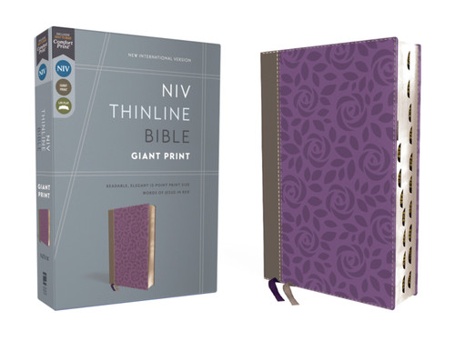 NIV, Thinline Bible, Giant Print, Leathersoft, Gray/Purple, Red Letter, Thumb Indexed, Comfort Print book cover by Zondervan