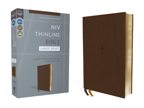 NIV, Thinline Bible, Large Print, Leathersoft, Brown, Red Letter, Comfort Print book cover by Zondervan