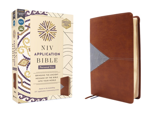 NIV Application Bible, Personal Size, Leathersoft, Brown/Blue, Red Letter, Comfort Print: Bringing the Ancient Message of the Bible into Your World (NIV Application Commentary Resources) book cover by Zondervan