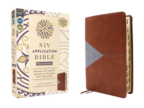 NIV Application Bible, Personal Size, Leathersoft, Brown/Blue, Red Letter, Indexed, Comfort Print: Bringing the Ancient Message of the Bible into Your World (NIV Application Commentary Resources) book cover by Zondervan