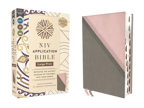 NIV Application Bible, Large Print, Leathersoft, Pink/Gray, Red Letter, Thumb Indexed, Comfort Print: Bringing the Ancient Message of the Bible into Your World (NIV Application Commentary Resources) book cover by Zondervan