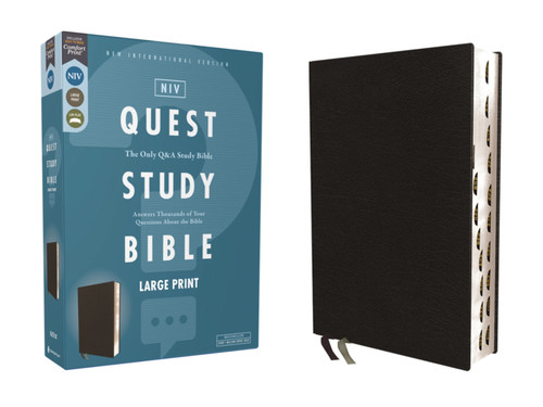 NIV, Quest Study Bible, Large Print, Bonded Leather, Black, Thumb Indexed, Comfort Print: The Only Q and A Study Bible book cover by 