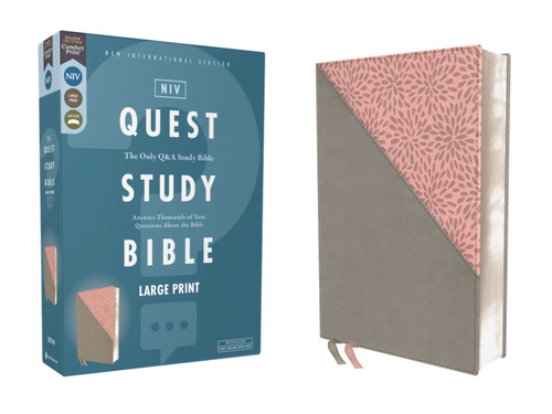 NIV, Quest Study Bible, Large Print, Leathersoft, Gray/Pink, Comfort Print: The Only Q and A Study Bible book cover by 