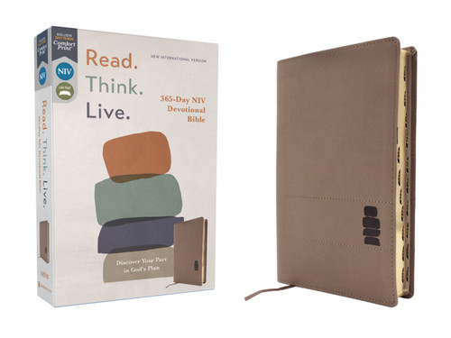 NIV, Read. Think. Live., Leathersoft, Brown, Thumb Indexed, Comfort Print: 365-Day NIV Devotional Bible - Discover Your Part in God's Plan book cover by Zondervan
