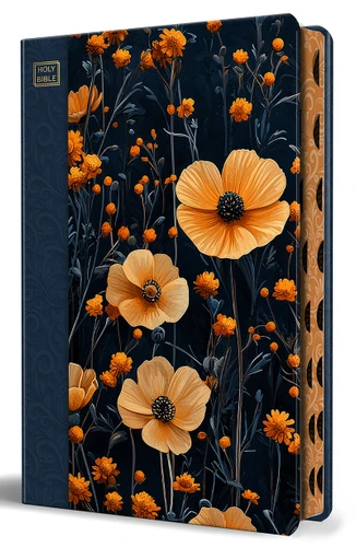 KJV Holy Bible, Large Print, Handy Size format, Hardcover, Dark Blue and Orange flower, page edge design, Thumb Index, Ribbon Marker, and Red Letter book cover by KING JAMES VERSION