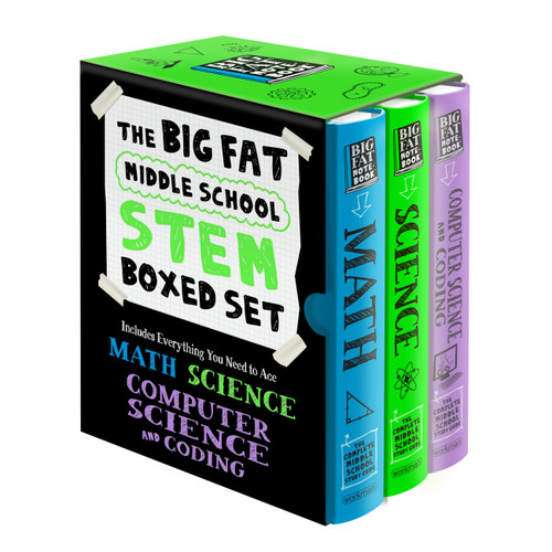The Big Fat Middle School STEM 3-Book Boxed Set: Includes Everything You Need to Ace Math, Science, and Computer Science and Coding (Big Fat Notebook) book cover by Workman Publishing