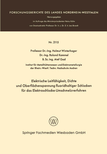 Elektrische Leitfähigkeit, Dichte und Oberflächenspannung fluoridhaltiger Schlakken für das Elektroschlacke-Umschmelzverfahren (Forschungsberichte des Landes Nordrhein-Westfalen) book cover by Helmut Winterhager