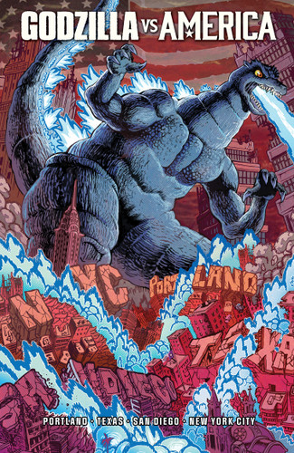 Godzilla Vs. America: New York City, Portland, San Diego, Texas book cover by Stan Sakai, Frank Tieri, Matt Frank, Colleen Coover, Devin Kraft