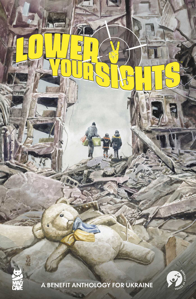 Lower Your Sights book cover by Shane Roeschlein, Charlotte Balogh, Ennun Ana Iurov, Bob Frantz, Kevin Cuffe, Brian Hawkins, DB Andry, Jonathan Hedrick, Rich Douek, Sem Chyhlintsev, Matt Kindt, Gabe Valentin, Ellie Egleton, Shane Patrick White, Matthew Dow Smith, Eric Palicki, Jarred Luján, Matt Harding, Matthew Clark, Joe Corallo, Justin Richards, Lela Gwenn, Jim Zub, Andy Eschenbach, Beck Kubrick, Tim Daniel