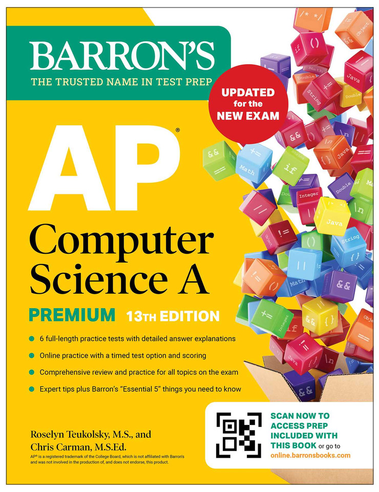 AP Computer Science A Premium, 13th Edition: Prep Book with 6 Practice Tests + Comprehensive Review + Online Practice (2026) (Barron's AP Prep) book cover by Roselyn Teukolsky, Chris Carman
