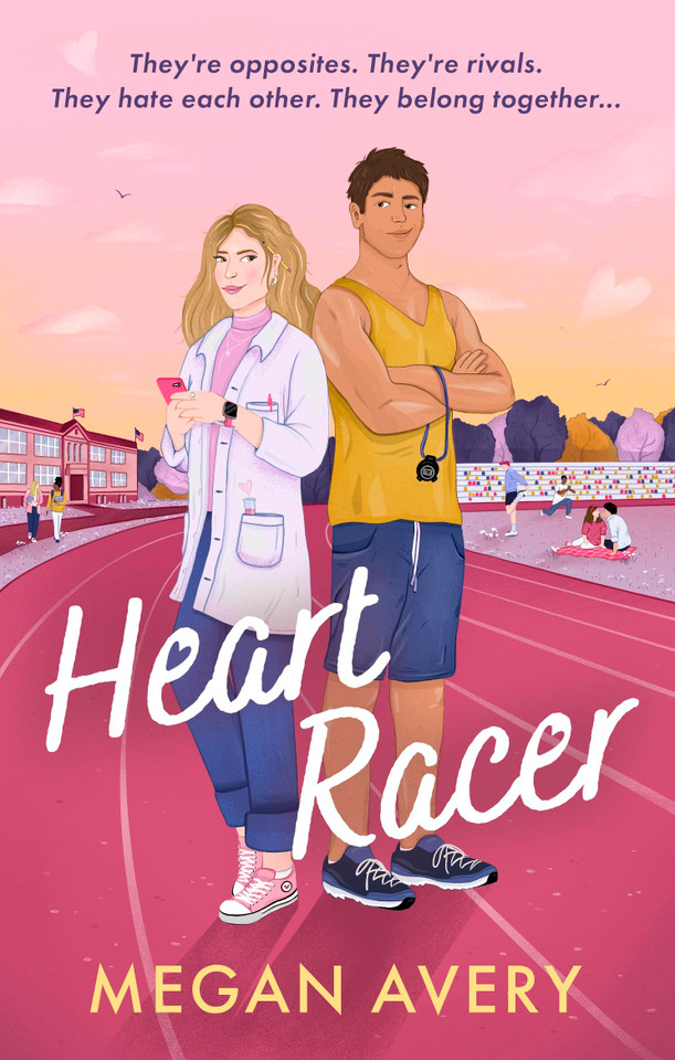 Heart Racer: STEM meets sports romance in this spicy, slow-burn, nerd/jock, academic rivals rom com book cover by Megan Avery