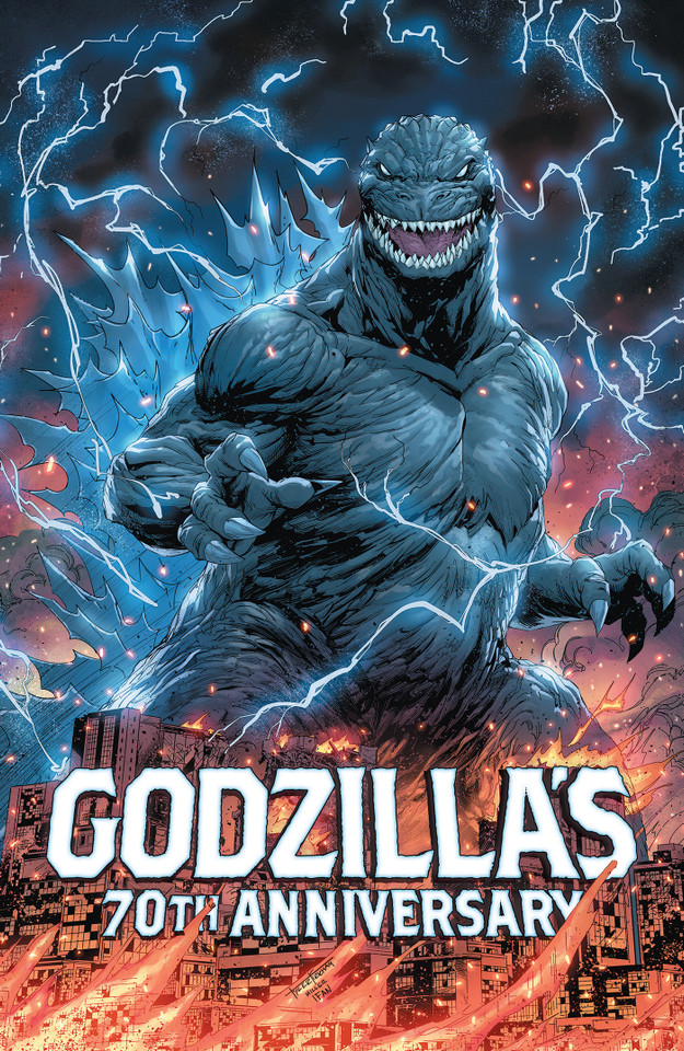 Godzilla's 70th Anniversary book cover by Joelle Jones, James Stokoe, Matt Frank, Adam Gorham, Danny Lore