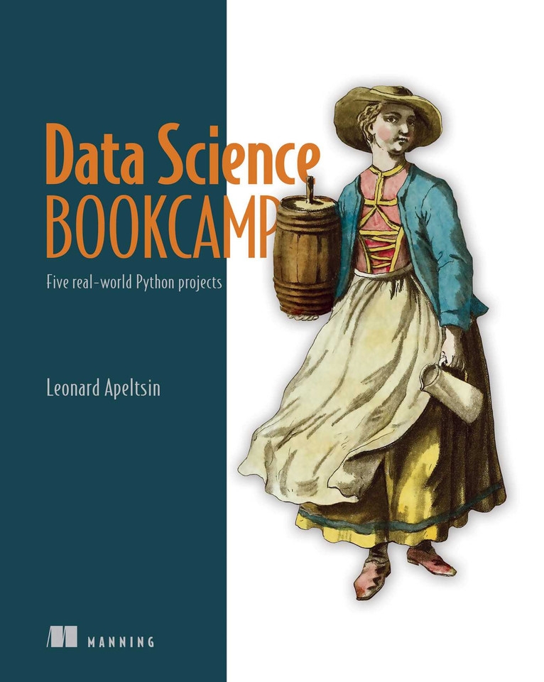 Data Science Bookcamp: Five real-world Python projects book cover by Leonard Apeltsin