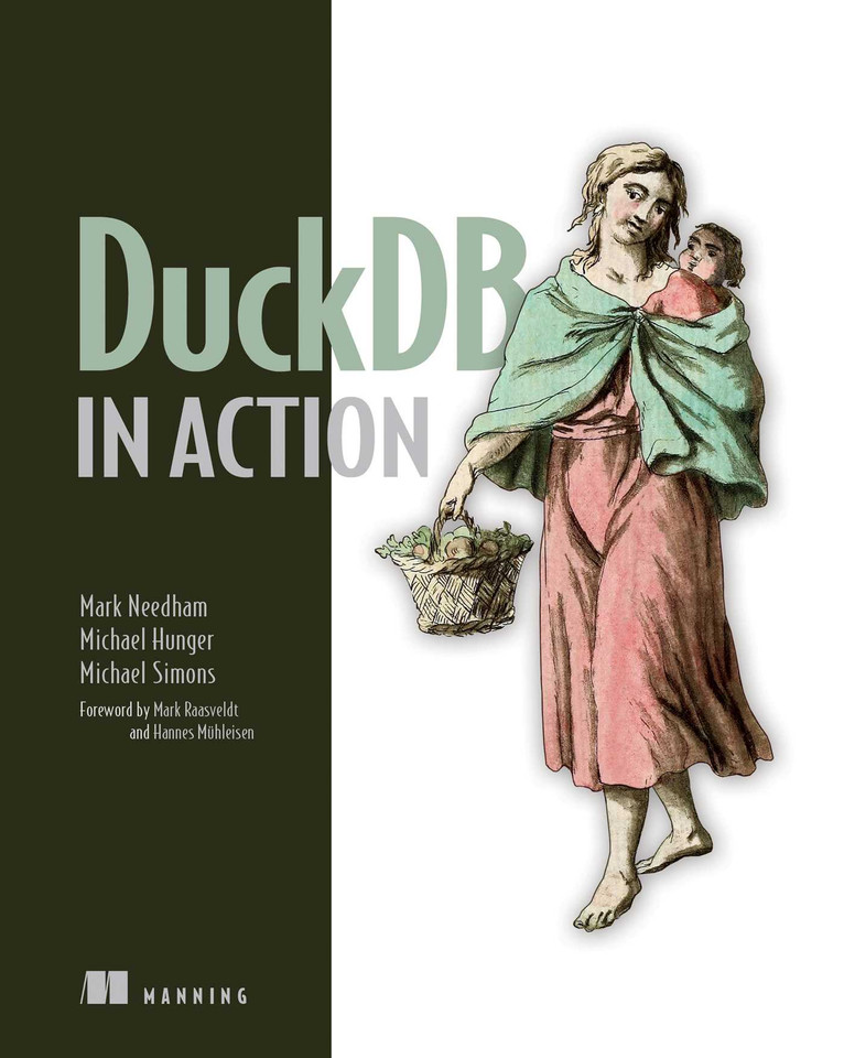 DuckDB in Action (In Action) book cover by Mark Needham, Michael Hunger, Michael Simons