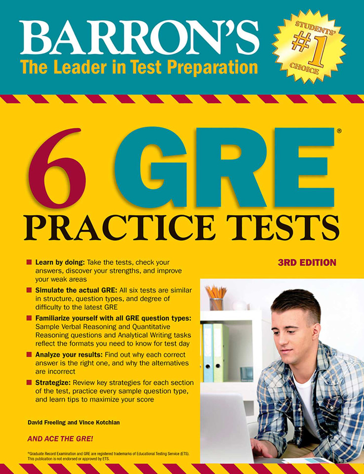6 GRE Practice Tests (Barron's Test Prep) book cover by David Freeling, Vince Kotchian
