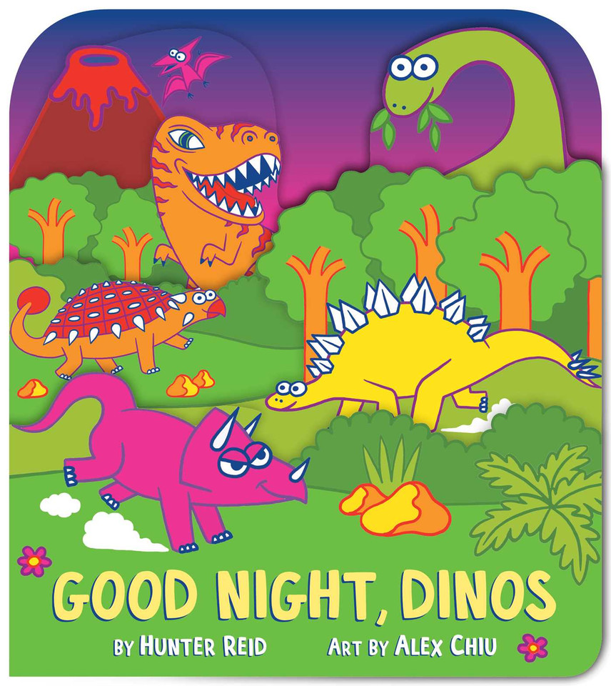 Good Night, Dinos (A Shaped Bedtime Novelty Board Book for Toddlers) (Fluorescent Pop!) book cover by Hunter Reid