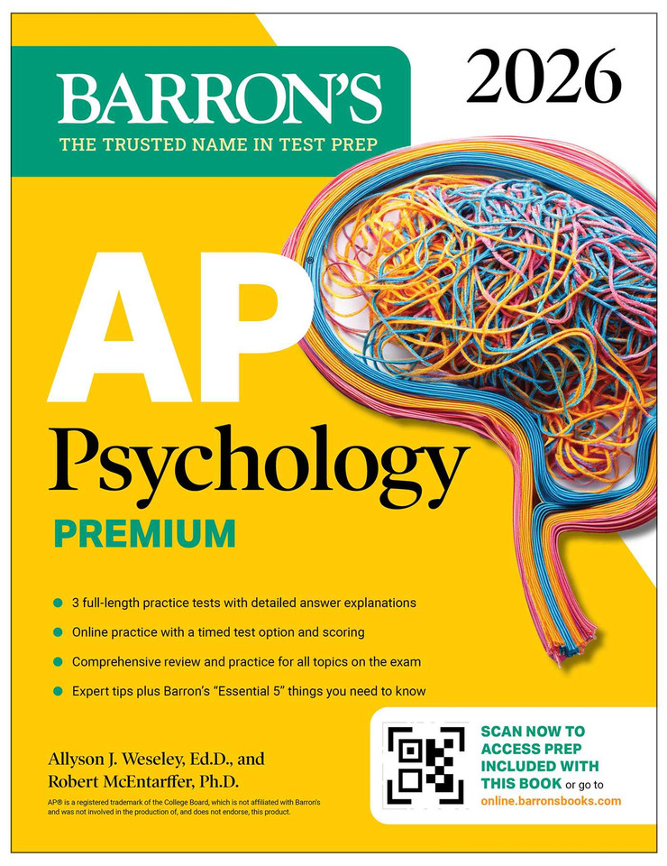 AP Psychology Premium, 2026: Prep Book with 3 Practice Tests + Comprehensive Review + Online Practice (Barron's AP Prep) book cover by Allyson J. Weseley, Robert McEntarffer